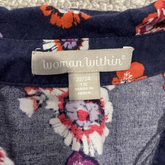 WOMAN WITHIN Shirt Womens Sz 1X Plus Button Up Floral Navy Blue Red Blouse Rayon - Picture 2 of 6